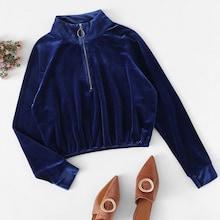 Romwe Quarter Zip Solid Velvet Tee