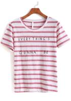 Romwe Pink Short Sleeve Striped Letters Print T-shirt