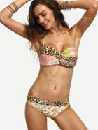 Romwe Multicolor Flower & Leopard Print Twist-front Bikini Set
