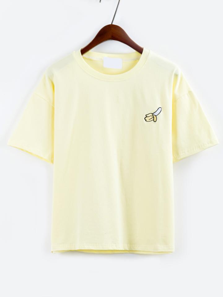 Romwe Banana Embroidered Drop Shoulder Yellow T-shirt
