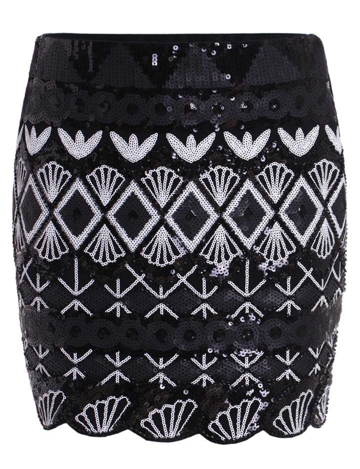 Romwe Elastic Waist With Sequined Bodycon Skirt