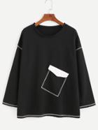 Romwe Black Drop Shoulder Patch T-shirt With Stitch Detail