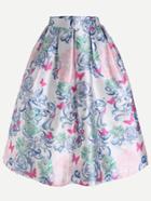 Romwe White Flower Print Box Pleated Midi Skirt