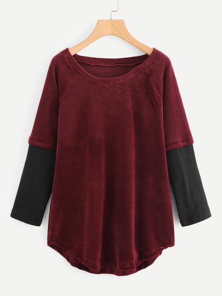 Romwe Raglan Sleeve Curved Hem Color Block Tee