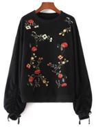 Romwe Flower Embroidery Drawstring Sleeve Sweatshirt