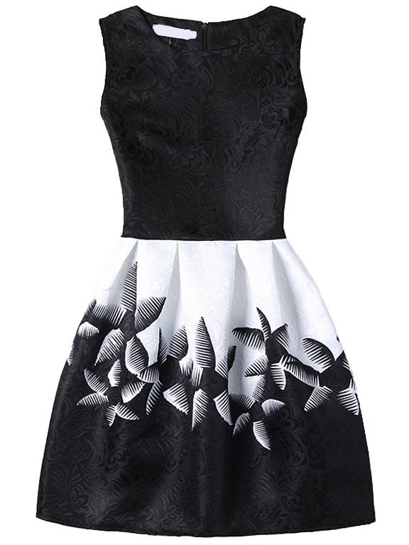 Romwe Abstract Flower Print Fit & Flare Dress - Black
