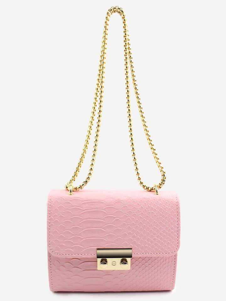 Romwe Mini Pink Crocodile Embossed Pu Flap Chain Bag