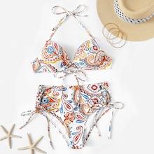 Romwe Paisley Print Halter Top With Tie Side Bikini Set