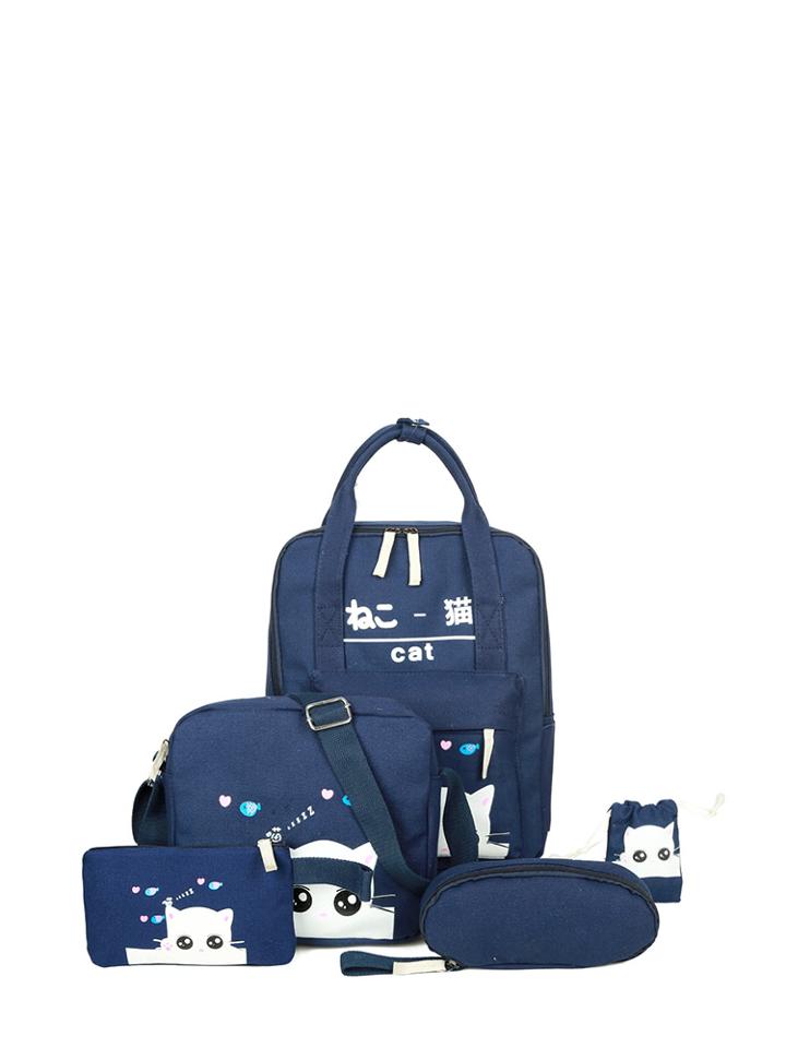 Romwe Cat Print Canvas Combination Bag 5pcs