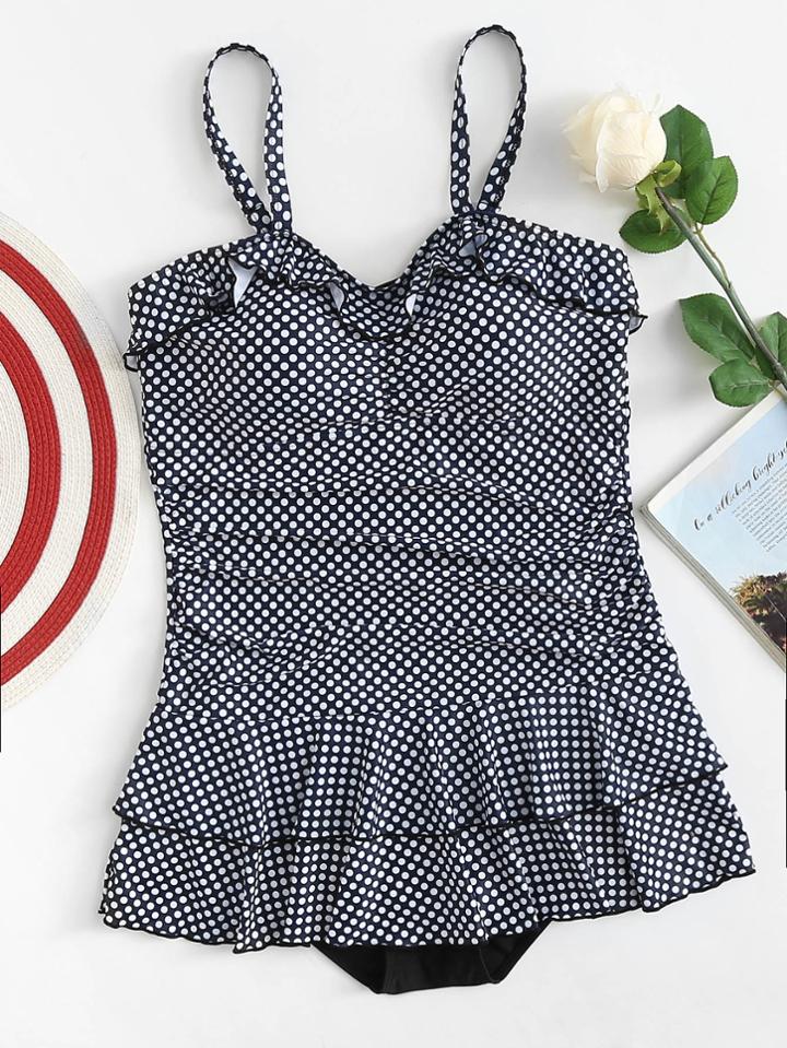 Romwe Ruffle Embellished Dot Swimsuit