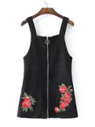Romwe Flower Embroidery Zipper Up Suede Dungaree Dress