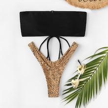 Romwe Random Lace-up Detail Bandeau With Leopard Print Bikini Set