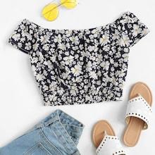 Romwe Off Shoulder Tie Neck Floral Blouse