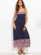 Romwe Navy Vintage Print High Waist Cami Dress