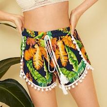 Romwe Pom Pom Hem Drawstring Waist Shorts