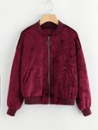 Romwe Embroidered Patch Back Zip Up Velvet Jacket