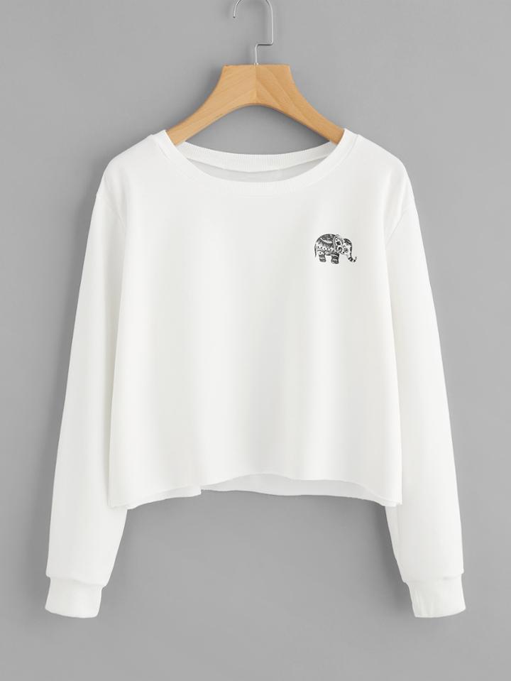 Romwe Elephant Print Raw Hem Sweatshirt