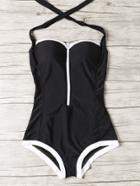 Romwe Black Contrast Panel Zipper Front One-piece Swimwear