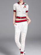 Romwe White Zipper Lace Top With Pockets Pants