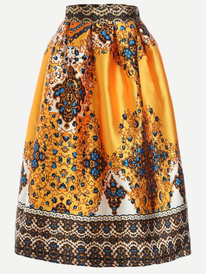 Romwe Yellow Retro Print Box Pleated Skirt