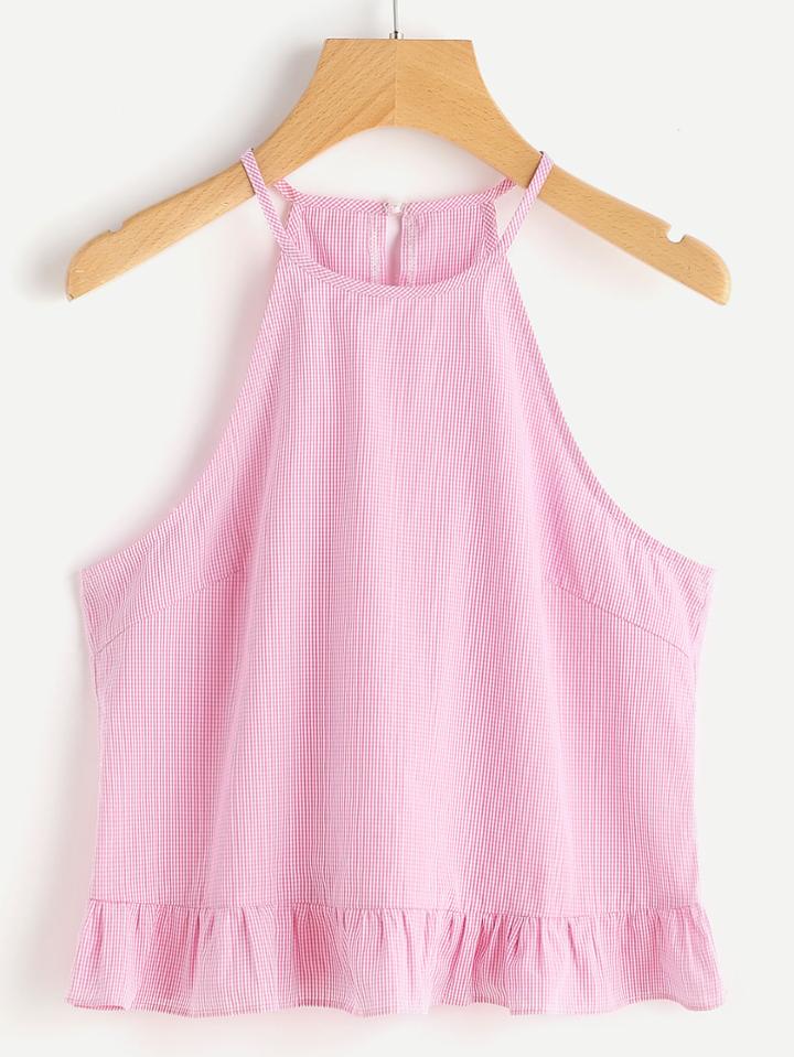Romwe Buttoned Keyhole Back Frill Checkered Halter Top