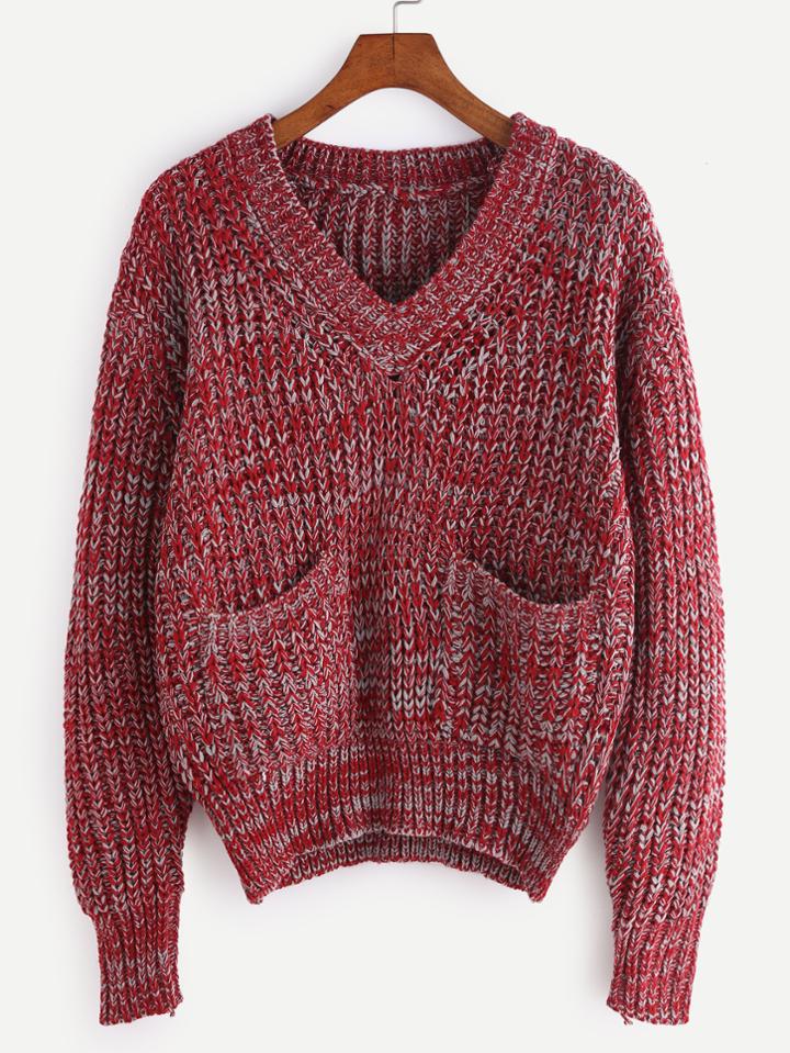Romwe Red V Neck Dual Pocket Front Sweater