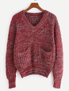 Romwe Red V Neck Dual Pocket Front Sweater