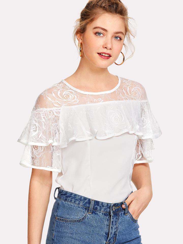 Romwe Illusion Neck Lace Ruffle Trim Top