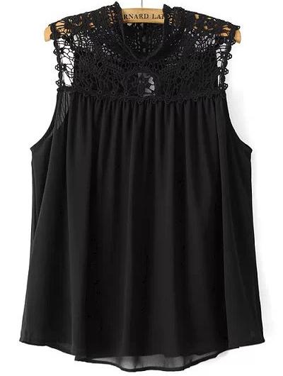 Romwe Black Sleeveless Hollow Chiffon Blouse