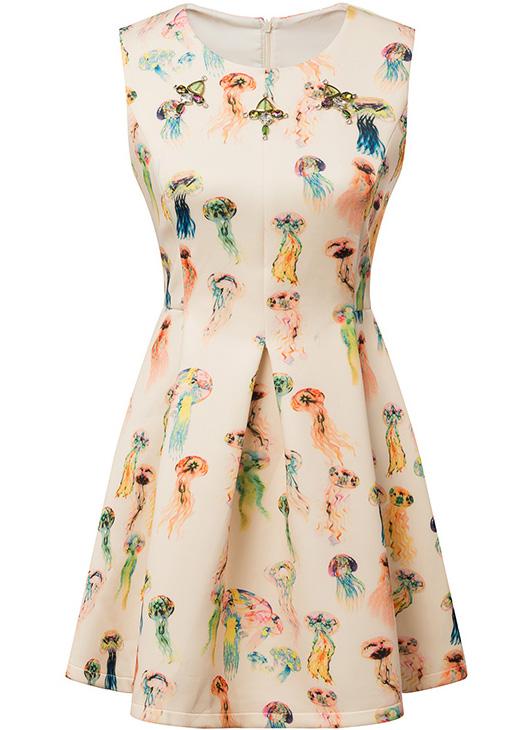 Romwe Beige Sleeveless Jellyfish Print Flare Dress