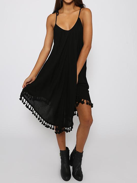 Romwe Black Spaghetti Strap Tassel Loose Dress