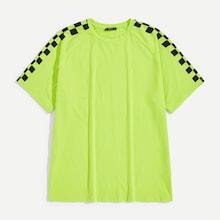Romwe Guys Checked Panel Raglan Sleeve Neon Green Top