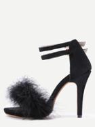 Romwe Black Feather Embellished Ankle Strap Stiletto Velvet Sandals