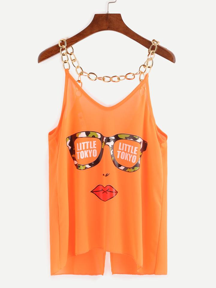 Romwe Glasses Print Split Chain Embellished Cami Top