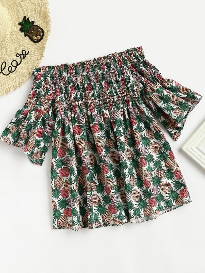 Romwe Bardot Allover Pineapple Print Random Shirred Top