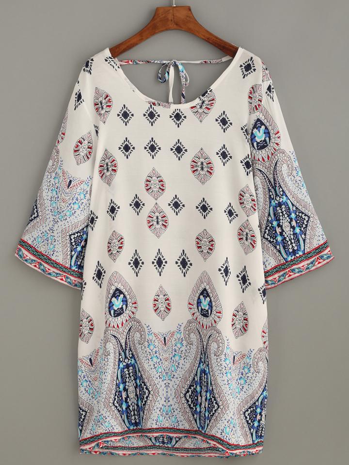 Romwe White Retro Print Tie Back Tunic Dress