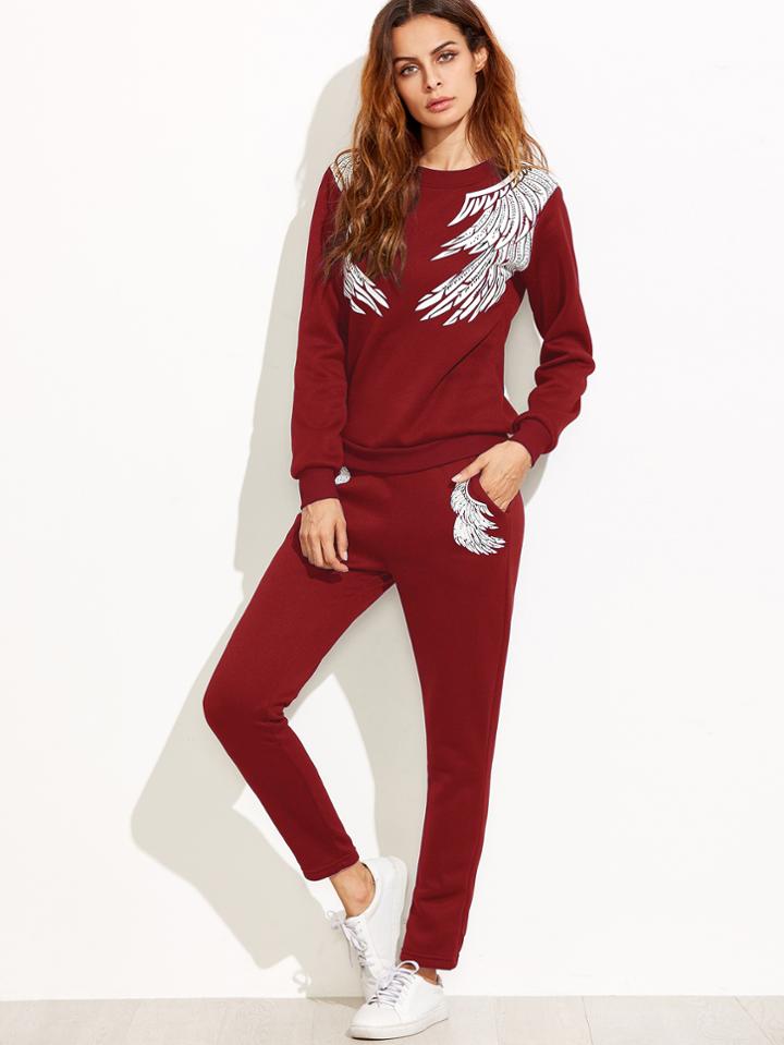 Romwe Burgundy Angel Wings Print Sweatshirt With Pants
