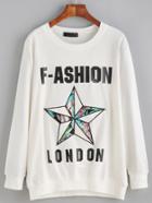 Romwe White Letter Print Star Embroidered Sweatshirt