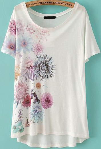 Romwe Floral Loose Dip Hem T-shirt