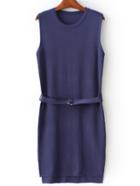 Romwe Purple Sleeveless Split Dress With Belt