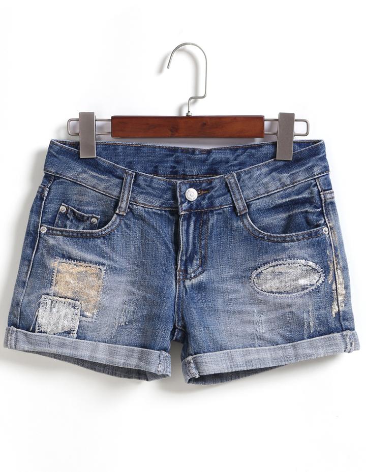 Romwe Patch Cuffed Denim Shorts
