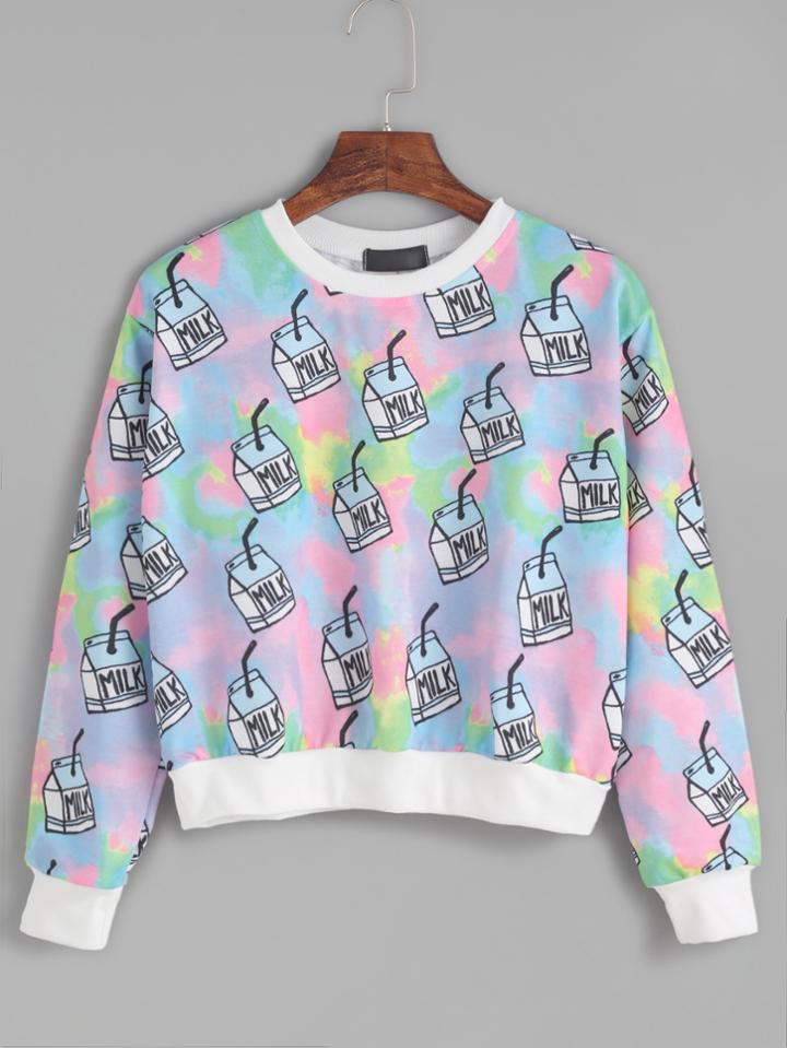 Romwe Milk Carton Print Contrast Trim Crop Sweatshirt