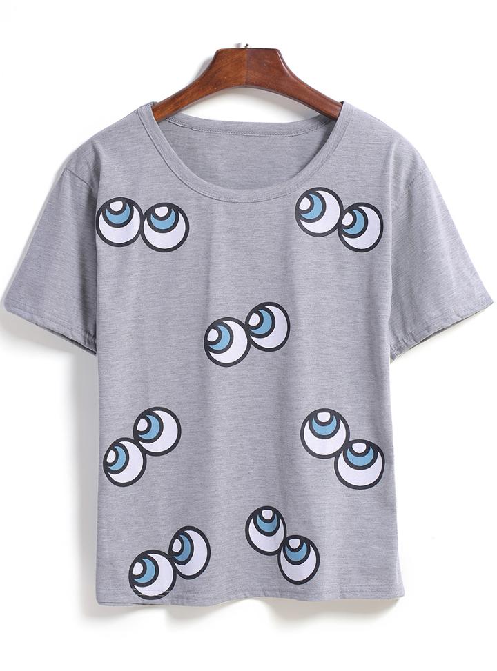 Romwe Round Neck Eyes Print Grey T-shirt