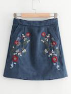 Romwe Flower Embroidery Suede Skirt