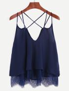 Romwe Navy Eyelash Lace Trimmed Strappy Cami Top