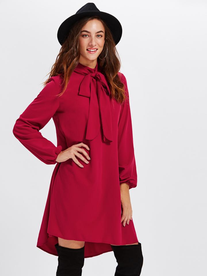 Romwe Bow Tie Neck Dip Hem Swing Dress