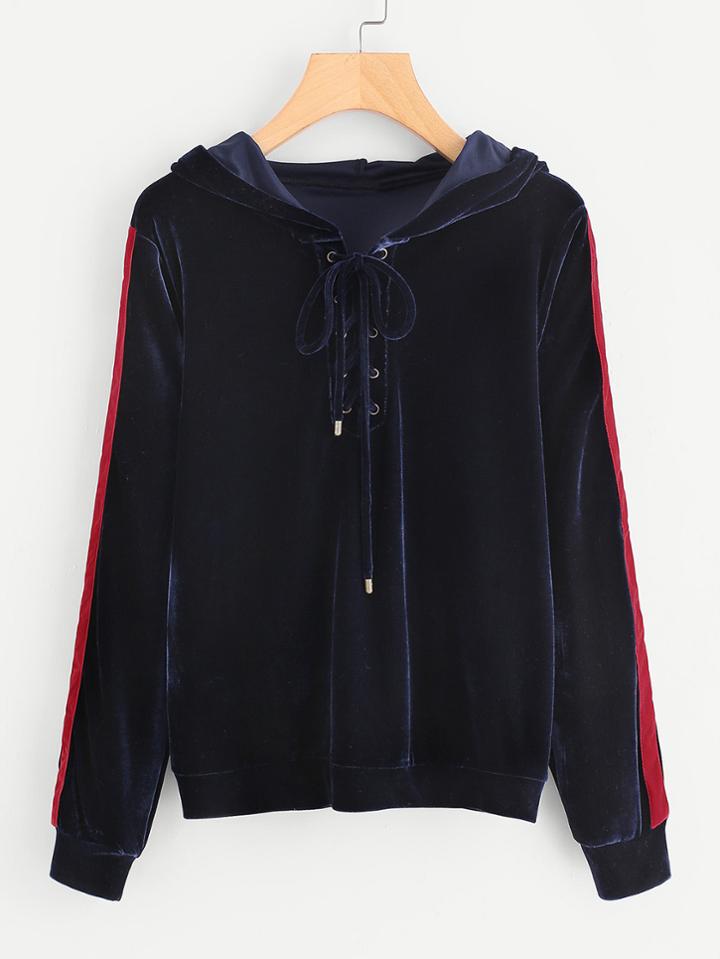 Romwe Contrast Tape Eyelet Lace Up Velvet Hoodie