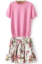 Romwe Pink Short Sleeve Knit Top With Floral Skirt