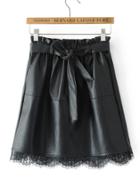 Romwe Eyelash Lace Hem Pu Skirt With Belt