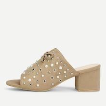 Romwe Faux Pearl Chunky Heeled Mules